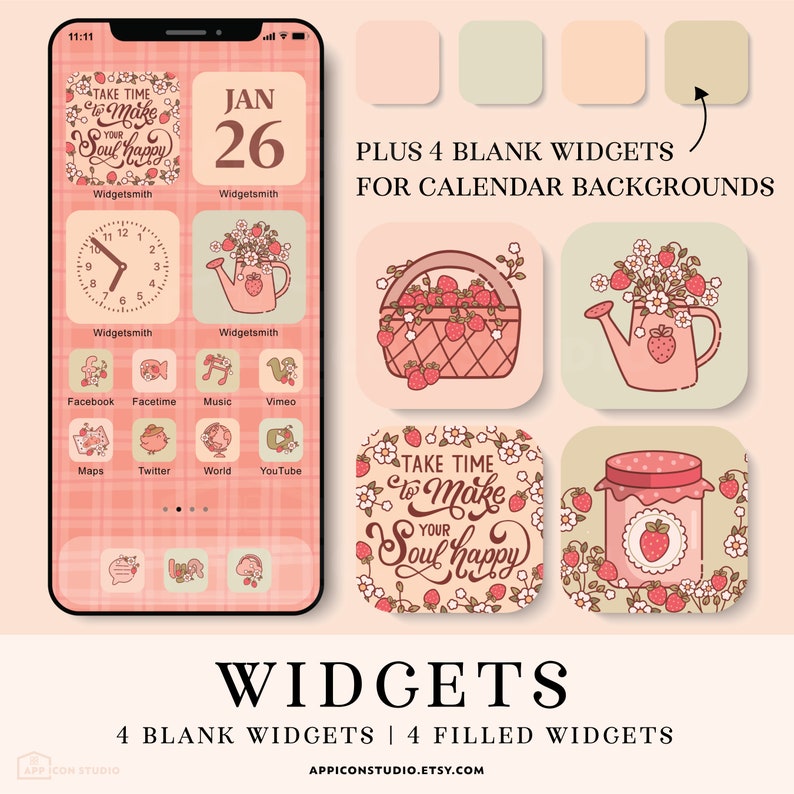 This Strawberry Aesthetic App Icon Pack comes with hand drawn Icons, Widgets and Wallpapers. Use it to customize your Home Screen and to create a whole new look of your device. An easy to understand Installation Guide with Images is included.
