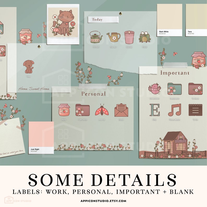 May include: A digital planner page with a light green background and a variety of colorful stickers and icons. The page is divided into sections labeled "Today", "Personal", "Important", and "Home Sweet Home". The stickers include a cat, a dog, a teapot, a watering can, a frog, a jar of jam, a folder, a ladybug, an envelope, a bird, a music note, and a list. The page also includes a small house with a fence and a few flowers.