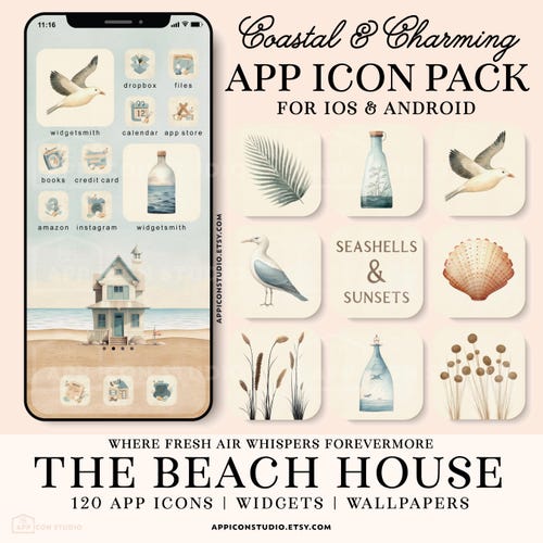 Beach iPhone Icon Set with Wallpapers and Widgets, Icons in Aesthetic Blue and Beige Shades, Summer Widgets, Custom Android Phone, 230704