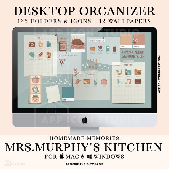 Cottagecore Kitchen Desktop Organizer Vintage Icons Wallpaper, MacBook Folder Icons, Folders Mac Background, Windows PC Wallpaper, 220709c