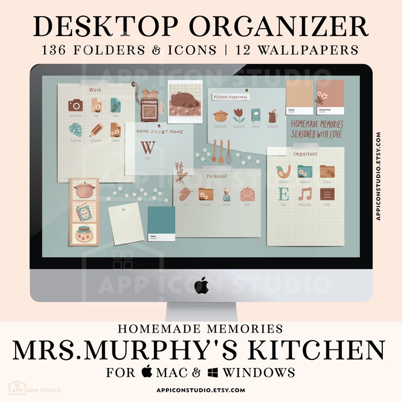 K&ouml;nnte beinhalten: Ein Computermonitor, der einen Desktop-Organizer mit dem Text "DESKTOP ORGANIZER" und "MRS. MURPHY'S KITCHEN" anzeigt. Der Bildschirm zeigt Symbole, Ordner und Hintergrundbilder mit einem K&uuml;chenthema. Die Farbpalette umfasst Beige, Braun und Teal.