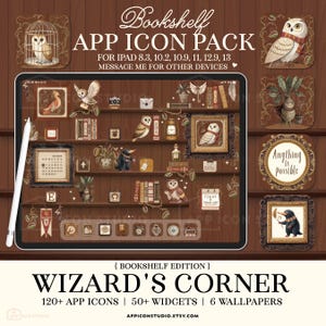 May include: A digital tablet displaying a bookshelf-themed interface with owl, book, and magical creature icons. Text includes Bookshelf APP ICON PACK, FOR IPAD 8.3, 10.2, 10.9, 11, 12.9, 13, Anything is possible, and WIZARD'S CORNER.