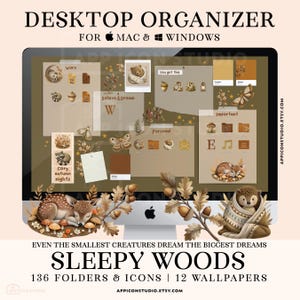 Può includere: Un set di organizzazione desktop per Mac e Windows intitolato Sleepy Woods, che include 136 cartelle, icone e 12 sfondi. Il design presenta illustrazioni autunnali di un cerbiatto addormentato, un riccio, falene e ghiande.