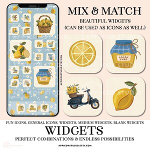 May include: A digital set of app icons and widgets featuring lemon-themed illustrations, including a lemon slice, a jar of lemon curd, a scooter with a basket of lemons, and a whole lemon, displayed on a smartphone screen and as individual squares.