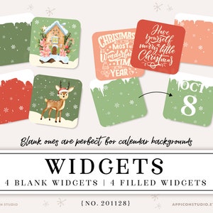 Pu&ograve; includere: Set di otto widget per planner digitale per un calendario di Natale. Quattro widget sono vuoti e quattro sono riempiti con illustrazioni e testo a tema natalizio, tra cui "Have Yourself a Merry Little Christmas" e "Christmas is the Most Wonderful Time of the Year".