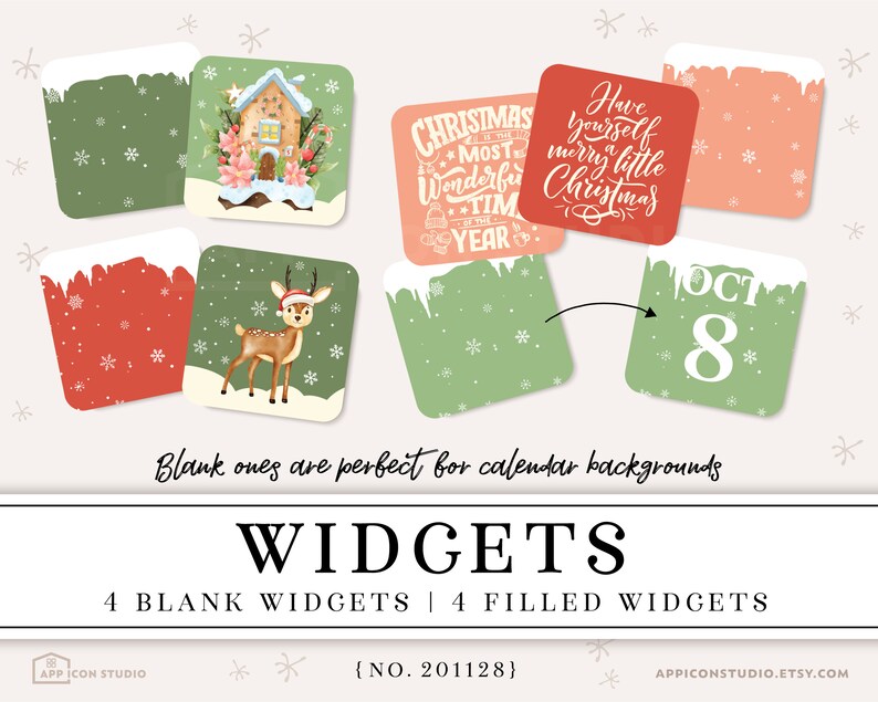 Pu&ograve; includere: Set di otto widget per planner digitale per un calendario di Natale. Quattro widget sono vuoti e quattro sono riempiti con illustrazioni e testo a tema natalizio, tra cui "Have Yourself a Merry Little Christmas" e "Christmas is the Most Wonderful Time of the Year".