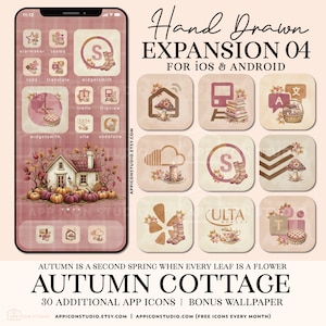 Puede incluir: Una ilustración digital de 30 iconos de aplicaciones con un tema otoñal. Los iconos presentan una cabaña, calabazas, hojas, setas y otros elementos otoñales. El texto "Hand Drawn Expansion 04 for iOS & Android" está en la parte superior de la imagen. El texto "Autumn Cottage" está en la parte inferior de la imagen. El texto "Autumn is a second spring when every leaf is a flower" también está en la parte inferior de la imagen.