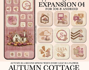 Paquete de iconos de aplicaciones de otoño para iOS. Pantalla de inicio con estética cottagecore de temática otoñal. Iconos rosas y beige para teléfonos iPhone y Android. 241001e4