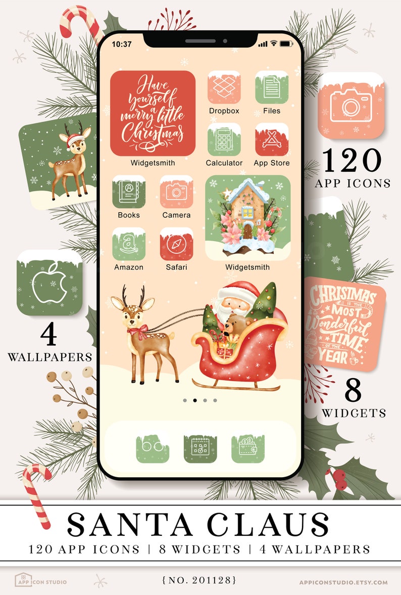 Pu&ograve; includere: Un mockup di schermo di telefono digitale con un tema natalizio. Lo schermo mostra una variet&agrave; di icone di app, widget e sfondi. Le icone sono in uno schema di colori festivo rosso, verde e bianco. Il testo sullo schermo dice "Have Yourself a Merry Little Christmas". Il telefono &egrave; circondato da un ramo di albero di Natale verde e bianco.