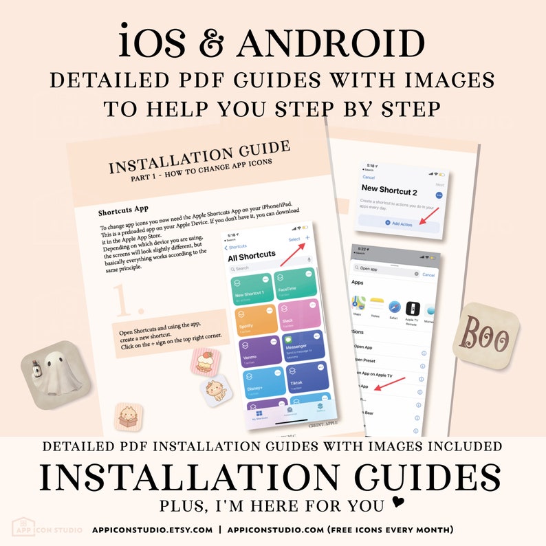 Cute Halloween Aesthetic App Icon Bundle with little ghosts, including Icons, Widgets, Wallpapers and Installation Guides for iOS and Android. A lovely Watercolor Texture makes these app icons and wallpapers unique and special.