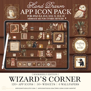 Puede incluir: Ilustración digital con temática de estantería, que muestra iconos de aplicaciones, widgets y fondos de pantalla. El diseño incorpora búhos, libros y elementos mágicos. El texto incluye "Hand Drawn APP ICON PACK" y "WIZARD'S CORNER".