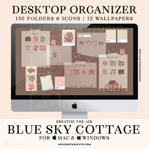 May include: A desktop organizer with 136 folders and icons and 12 wallpapers. The theme is a blue sky cottage with a brown background and floral accents. The text "Breathe the Air Blue Sky Cottage" is at the bottom of the image. The text "For Mac & Windows" is below the theme text. The text "APPICONSTUDIO.ETSY.COM" is at the bottom of the image.