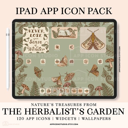 Hand Drawn iPad Widgets Cottagecore Green Aesthetic, iOS 26 Tablet App Icon Set with Wallpapers, Herbalist Garden Home Screen Theme, 220725i