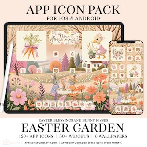 May include: A digital illustration of an Easter garden scene with bunnies, a duck, and a house. The illustration is used for an app icon pack for iOS and Android. The text "Easter Blessings and Bunny Kisses" and "Easter Garden" are displayed at the bottom of the image. The text "120+ App Icons | 50+ Widgets | 6 Wallpapers" is also displayed at the bottom of the image.