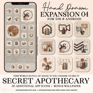 May include: A phone screen showing app icons with a witchy theme, and a set of matching icons. The text reads "Hand Drawn EXPANSION 04" and "Secret Apothecary". Includes 30 additional app icons and a bonus wallpaper.