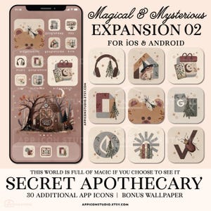 May include: A digital set of app icons and a wallpaper titled Magical & Mysterious EXPANSION 02 SECRET APOTHECARY. The icons feature muted earth tones with illustrations of frogs, bears, insects, books, and plants on a light beige background.