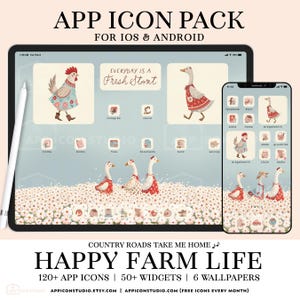 May include: A digital illustration of a farm-themed app icon pack for iOS and Android. The image shows a collection of icons featuring a chicken, ducks, and a farmhouse. The text "COUNTRY ROADS TAKE ME HOME" and "HAPPY FARM LIFE" are displayed at the bottom of the image. The text "120+ APP ICONS | 50+ WIDGETS | 6 WALLPAPERS" is also displayed.