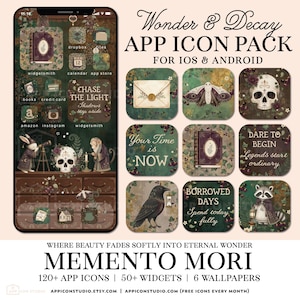 以下が含まれることがあります： iOSおよびAndroid向けのWonder & Decay Memento Moriデジタルアプリアイコンパック。120個以上のアイコン、50個以上のウィジェット、6枚の壁紙が含まれており、頭蓋骨、蛾、動物などのダークで植物的、ゴシック調のイラストが特徴です。