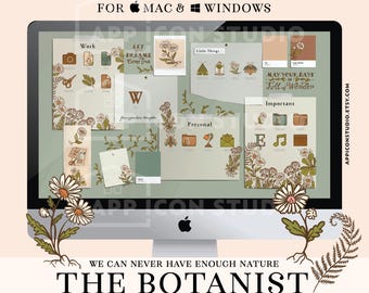 Könnte beinhalten: Ein Desktop-Organizer-Set für Mac und Windows mit dem Titel The Botanist, bestehend aus 136 Ordnern und Symbolen mit botanischen Illustrationen, Blumenmotiven und erdigen Farben. Der Bildschirm zeigt Dateien mit den Bezeichnungen Work, Personal und Important.