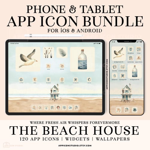 Beach Aesthetic iPhone and iPad Icon Set with Widgets and Wallpapers, Summer App Icons with Beach Theme, Blue and Beige Shades, 230704b