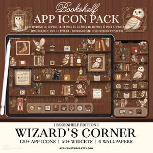 May include: A digital app icon pack titled Bookshelf Wizard's Corner featuring a wooden shelf theme with owl illustrations, books, and magical items. Includes 120+ icons, 50+ widgets, and 6 wallpapers for iPhone and iPad devices with a stylus.