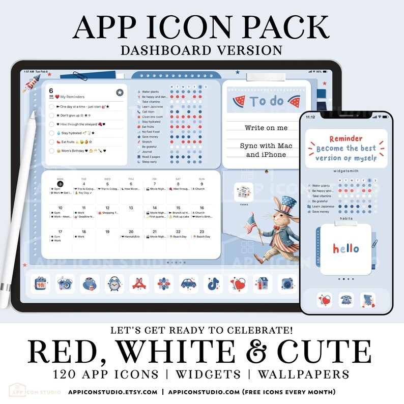 App Icons 4th of July iOS 17 Icon Bundle Independence Day Widgets and Wallpapers Red and Blue Patriotic Aesthetic Backgrounds