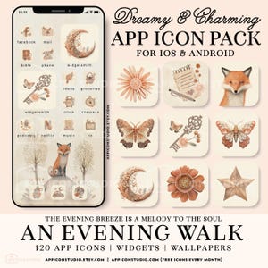 May include: A digital app icon pack featuring a beige and brown color palette with illustrations of foxes, butterflies, flowers, moons, and stars. The set includes 120 icons, widgets, and wallpapers for iOS and Android, displayed on a smartphone screen.