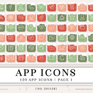 Pu&ograve; includere: Un set di 120 icone di app a tema invernale. Le icone sono disposte in una griglia di 8 righe e 15 colonne. Ogni icona &egrave; un quadrato con un contorno bianco e un'icona bianca su uno sfondo colorato. I colori sono rosso, verde e rosa. Le icone sono tutte diverse e rappresentano app popolari. Il testo "APP ICONS" &egrave; in basso nell'immagine, insieme al testo "120 APP ICONS | PAGE 1" e "{NO. 201128}".