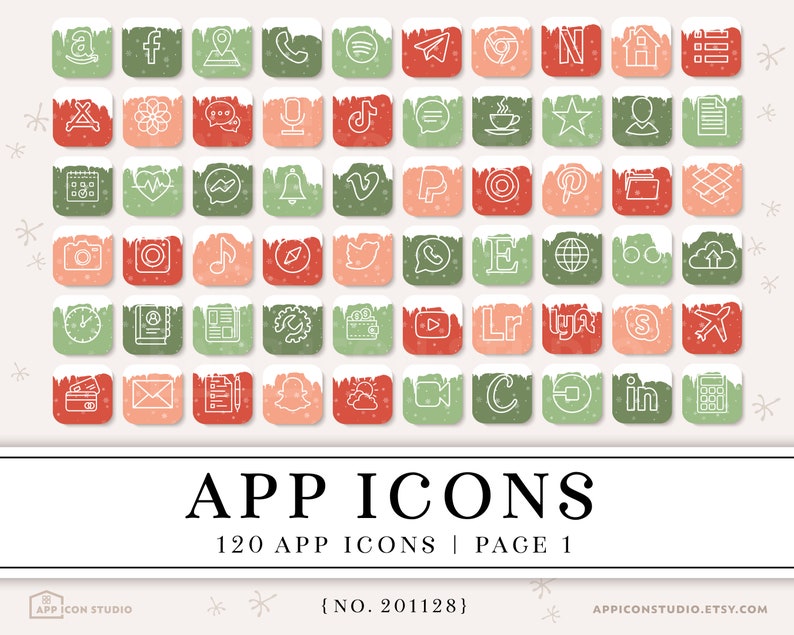 Pu&ograve; includere: Un set di 120 icone di app a tema invernale. Le icone sono disposte in una griglia di 8 righe e 15 colonne. Ogni icona &egrave; un quadrato con un contorno bianco e un'icona bianca su uno sfondo colorato. I colori sono rosso, verde e rosa. Le icone sono tutte diverse e rappresentano app popolari. Il testo "APP ICONS" &egrave; in basso nell'immagine, insieme al testo "120 APP ICONS | PAGE 1" e "{NO. 201128}".