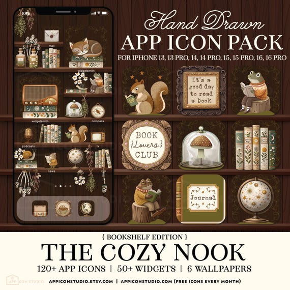 Cozy Bookshelf iPhone Theme: Dark Academia App Icons & Wallpaper (iOS), 251008bk