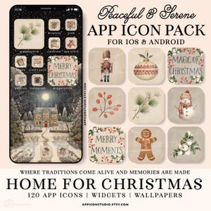 Iconos de aplicaciones navideñas para iPhone, estética invernal acogedora en acuarela, tema de pantalla de inicio con widgets y fondos de pantalla para iOS 26, descarga digital instantánea, 231118
