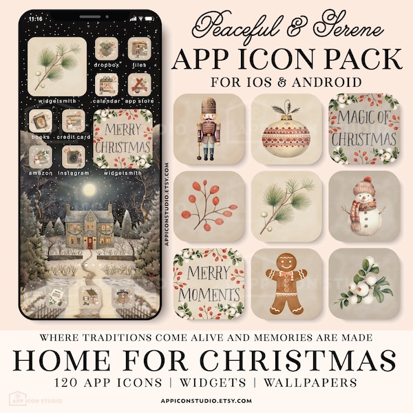 Puede incluir: Un paquete de iconos de aplicaciones para iOS y Android con ilustraciones navideñas que incluyen un cascanueces, un muñeco de nieve, un hombre de jengibre, ramas de pino y bayas. El set incluye 120 iconos, widgets y fondos.