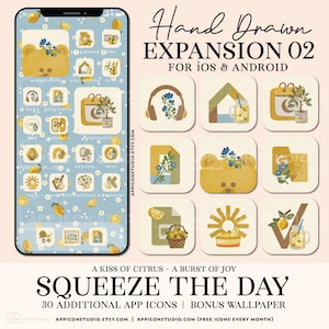 May include: A digital product featuring a phone screen with app icons and a set of matching icons. The theme is lemon-themed with a light blue background and yellow icons. The text reads "Hand Drawn Expansion 02" and "Squeeze the Day".