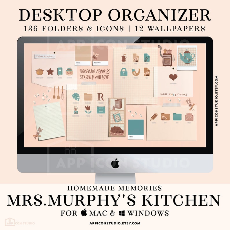 K&ouml;nnte beinhalten: Ein Computermonitor, der einen Desktop-Organizer mit 136 Ordnern, Symbolen und 12 Hintergrundbildern anzeigt. Das Thema ist "Mrs. Murphy's Kitchen" mit einer weichen, pastellfarbenen Farbpalette. Der Text enth&auml;lt "Homemade Memories Seasoned with Love."
