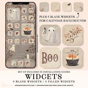 Cute Halloween Aesthetic App Icon Bundle with little ghosts, including Icons, Widgets, Wallpapers and Installation Guides for iOS and Android. A lovely Watercolor Texture makes these app icons and wallpapers unique and special.