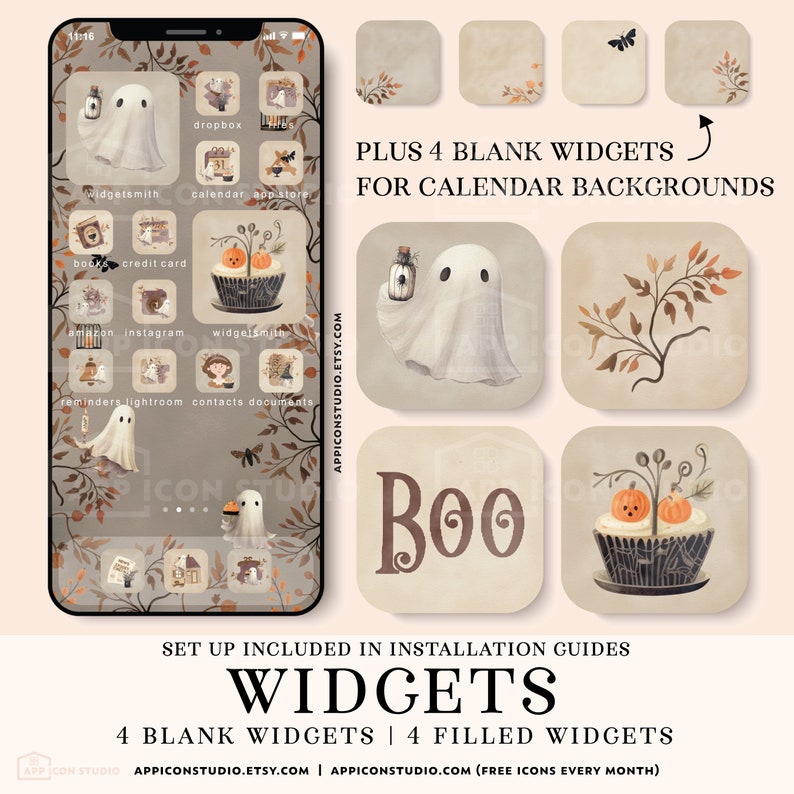 Cute Halloween Aesthetic App Icon Bundle with little ghosts, including Icons, Widgets, Wallpapers and Installation Guides for iOS and Android. A lovely Watercolor Texture makes these app icons and wallpapers unique and special.
