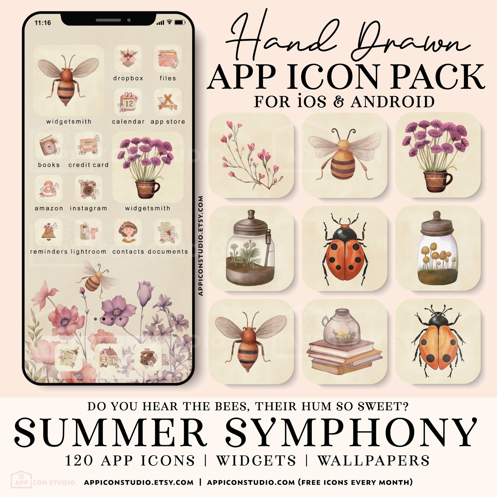 Summer Aesthetic iPhone Watercolor App Icons With Bees and Flowers, Ios ...