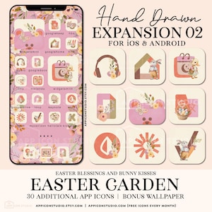 May include: A set of 30 hand-drawn Easter-themed app icons for iOS and Android. The icons feature a pink and white colour scheme with floral accents and bunny rabbits. The icons are designed to be used with the "Easter Garden" app icon pack.
