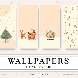 Pu&ograve; includere: Set di quattro sfondi per telefono a tema natalizio. Il primo sfondo presenta un albero di Natale verde con decorazioni rosse e stelle dorate. Il secondo sfondo presenta Babbo Natale che cavalca una slitta rossa trainata da una renna. Il terzo sfondo presenta una casetta di pan di zenzero con glassa bianca e decorazioni di caramelle rosse. Il quarto sfondo presenta un motivo ripetitivo di cuori rossi, foglie verdi e stelle dorate.