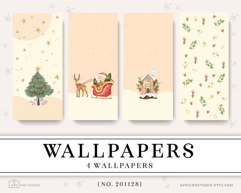 Pu&ograve; includere: Set di quattro sfondi per telefono a tema natalizio. Il primo sfondo presenta un albero di Natale verde con decorazioni rosse e stelle dorate. Il secondo sfondo presenta Babbo Natale che cavalca una slitta rossa trainata da una renna. Il terzo sfondo presenta una casetta di pan di zenzero con glassa bianca e decorazioni di caramelle rosse. Il quarto sfondo presenta un motivo ripetitivo di cuori rossi, foglie verdi e stelle dorate.