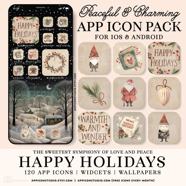 Christmas iOS Icons iOS 26 App Icon Pack Classic Red and Green Android Wallpaper iPhone Aesthetic Home Screen Winter Festive Widgets, 231205