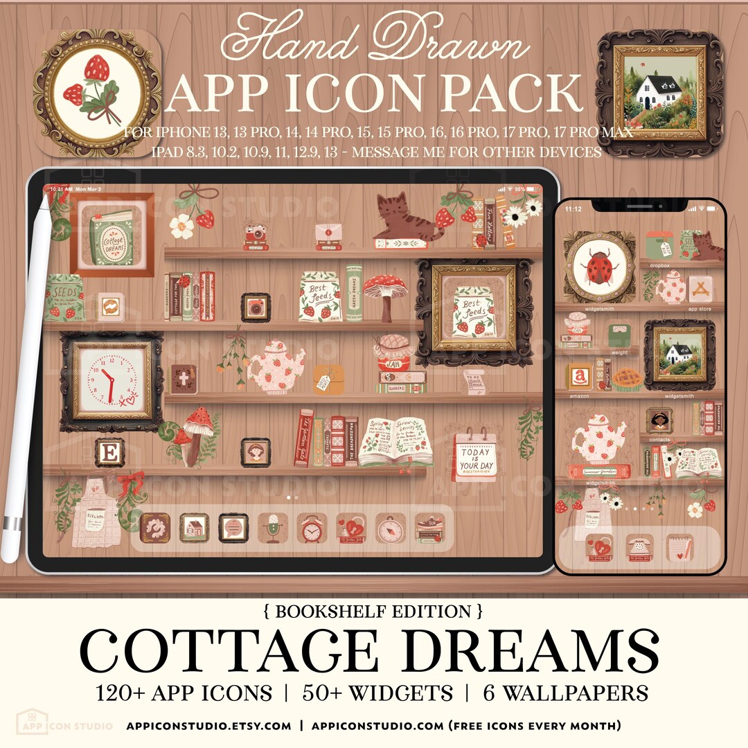Neutral Cottagecore App Icons for Iphone, Cozy Bookshelf Cottage Theme ...
