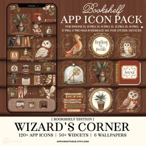 May include: A digital app icon pack titled Bookshelf App Icon Pack Wizard's Corner featuring a smartphone screen display with brown wooden shelf backgrounds, various owl illustrations, magical plants, books, and gold keys in a warm colour palette.