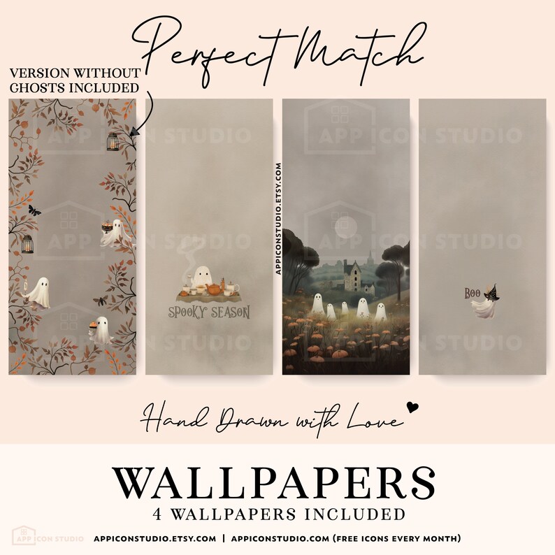 Cute Halloween Aesthetic App Icon Bundle with little ghosts, including Icons, Widgets, Wallpapers and Installation Guides for iOS and Android. A lovely Watercolor Texture makes these app icons and wallpapers unique and special.