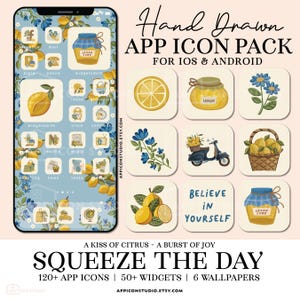May include: A digital app icon pack featuring hand-drawn illustrations of lemons, blue flowers, jars of lemon curd, and a scooter. The set includes 120+ app icons, 50+ widgets, and 6 wallpapers for iOS and Android, with text reading "Hand Drawn APP ICON PACK" and "BELIEVE IN YOURSELF."