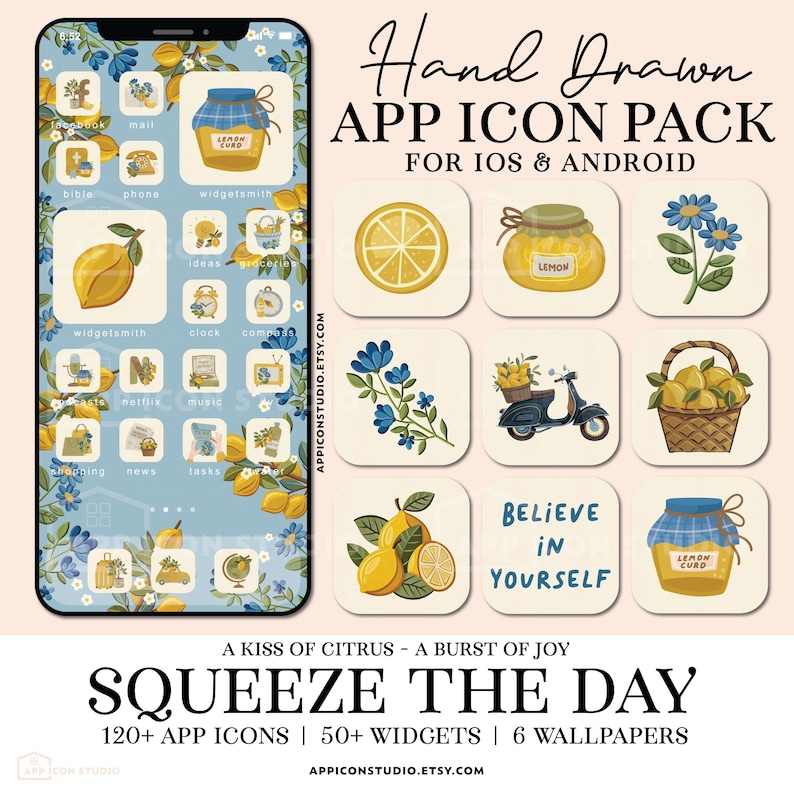 May include: A digital app icon pack featuring hand-drawn illustrations of lemons, blue flowers, jars of lemon curd, and a scooter. The set includes 120+ app icons, 50+ widgets, and 6 wallpapers for iOS and Android, with text reading "Hand Drawn APP ICON PACK" and "BELIEVE IN YOURSELF."
