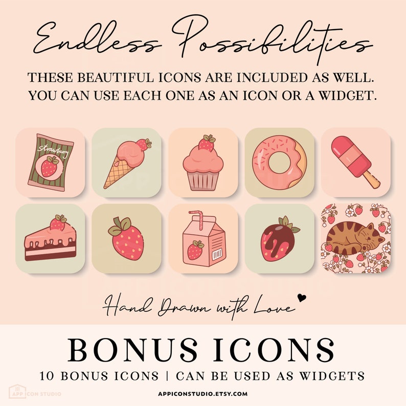 This Strawberry Aesthetic App Icon Pack comes with hand drawn Icons, Widgets and Wallpapers. Use it to customize your Home Screen and to create a whole new look of your device. An easy to understand Installation Guide with Images is included.