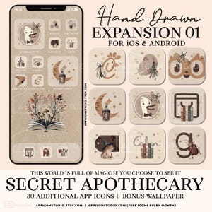 May include: A phone screen displays a custom app icon set with a whimsical theme. The icons are in a soft beige color with illustrations of insects, moons, and books. Text on the screen reads "Hand Drawn EXPANSION 01" and "SECRET APOTHECARY".