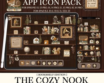 Paquete de iconos de la aplicación Dark Bookshelf Fondo de estanterías Fondo de pantalla de estantería para iPhone Estética de lectura acogedora Paquete de iconos de libros oscuros para iOS, 251008bkb