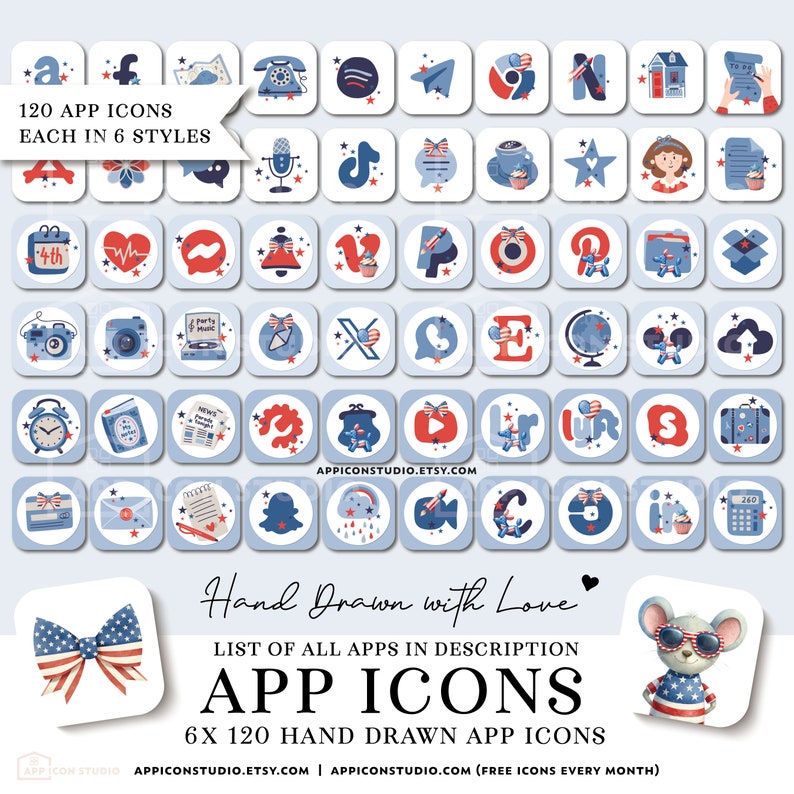 App Icons 4th of July iOS 17 Icon Bundle Independence Day Widgets and Wallpapers Red and Blue Patriotic Aesthetic Backgrounds